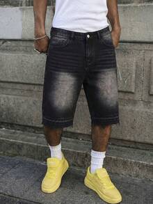 Schlamm-Gelbe Denim-Shorts in Knielänge mit Distressed-Effekt und rohem Saum, Heavy-Wash-Distressed-Verfahren mit natürlicher melierter und verblasster Textur, natürlich verstreutes Design mit rohem Saum, Vintage Street lässig Shorts - Schwarz - Übersicht 5