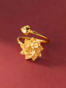 1pc Elegant Nature-Inspired Delicate Lotus Flower Open Ring - Yellow Gold - View 4