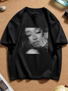 1 PCS Unisex Vintage Pop & R&B Music T-Shirt Inspired By Arianators, Comfortable Breathable Cotton, Casual Oversized Fit For Festivals, Summer Holidays, And Fan Gift - 黑色 - 查看 1