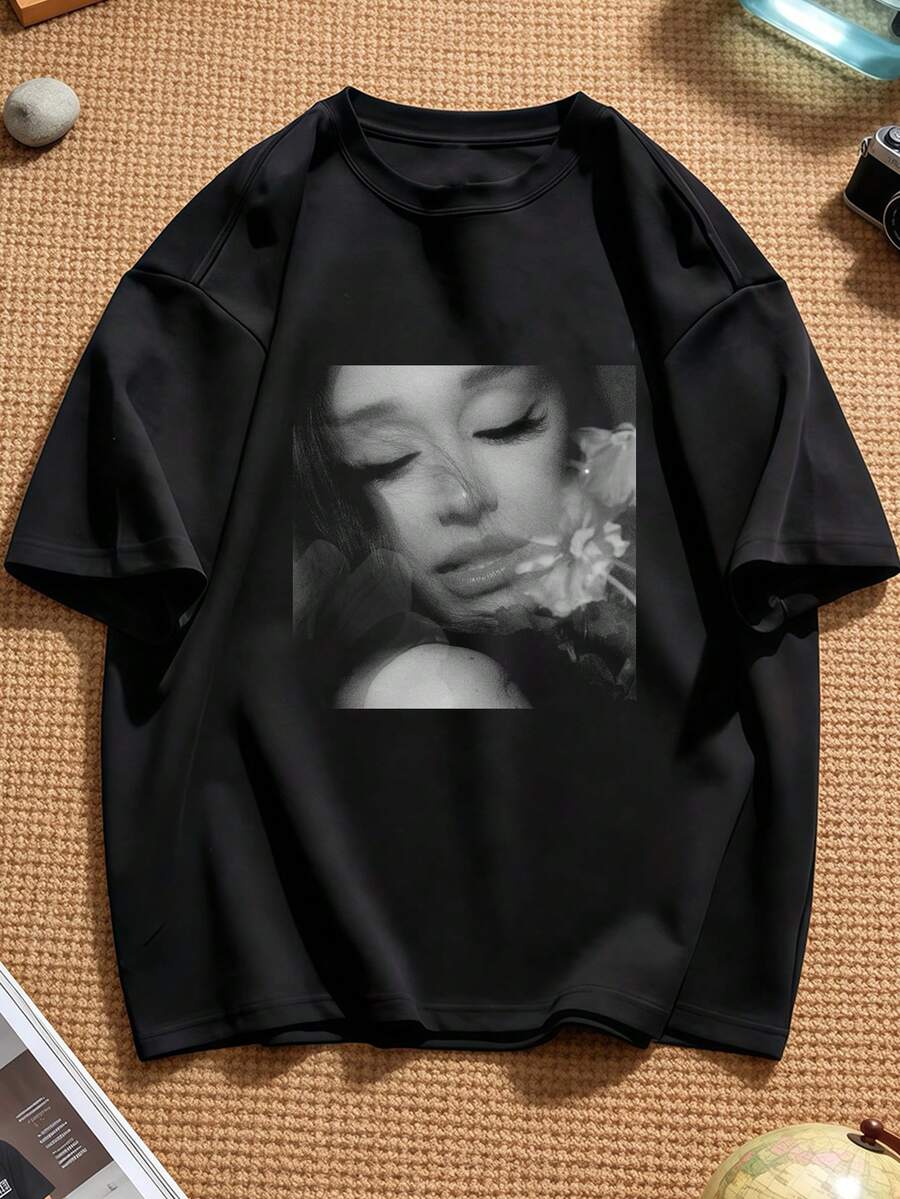 1 PCS Unisex Vintage Pop & R&B Music T-Shirt Inspired By Arianators, Comfortable Breathable Cotton, Casual Oversized Fit For Festivals, Summer Holidays, And Fan Gift - 黑色 - 查看 1
