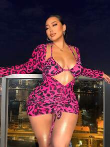 Swim  Conjunto de bikini de 3 piezas con estampado de leopardo talla grande para la playa en verano - Rosa Fucsia - Ver 1