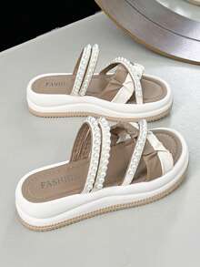 Nuevas sandalias reversibles para mujer, pantuflas con suela blanda y cómoda, zapatos con decoración de perlas y contraste de color - Caqui blanco - Ver 6