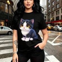 Camiseta de mujer con estampado de gatito caricaturesco gris y blanco de ojos amarillos - camiseta casual de manga corta con ajuste cómodo y estilo urbano moderno - ideal para paseos por la ciudad, días lluviosos y regalo perfecto para mamá, esposa, - Negro - Ver 7