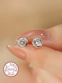 1对莫桑石圆形耳钉，女士奢华珠宝礼品，925纯银高品质珠宝礼物 - 包圓耳釘 - 查看 1