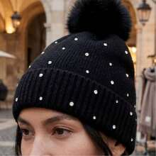 Women's Winter Thermal Hat With Glitter, Hypoallergenic, Lined With A Cute And Stylish Pom-Pom, Warm And Stylish. - MYA-41 rosa c/ pedrinhas - 查看 9