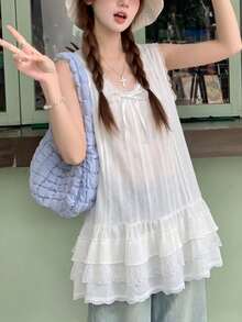 性感女孩蕾絲荷葉邊下擺無袖背心上衣，夏季休閒百搭層搭背心，白色 - 白色 - 查看 6