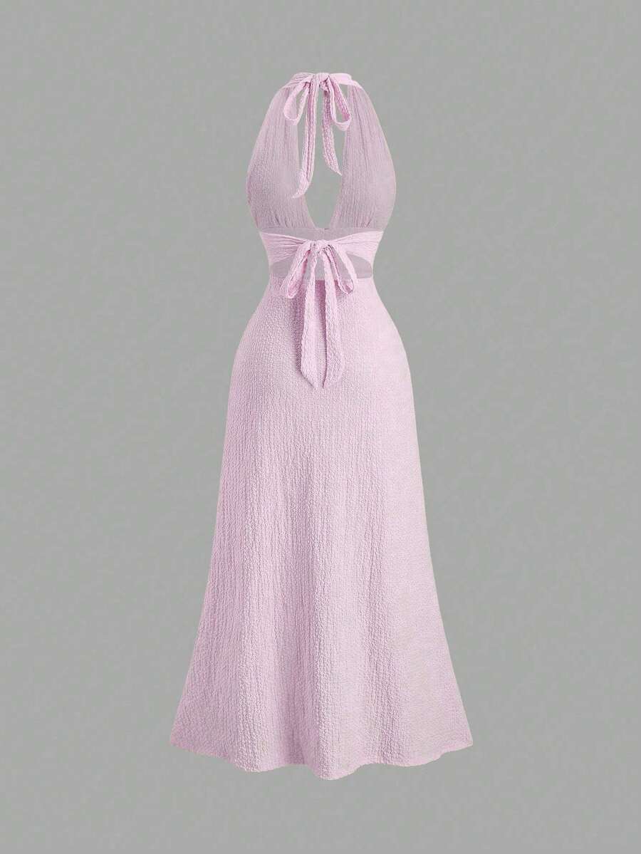 Vestido ajustado de un solo color con escote profundo en V, espalda descubierta y sensual abertura lateral - Pearl White - Ver 1