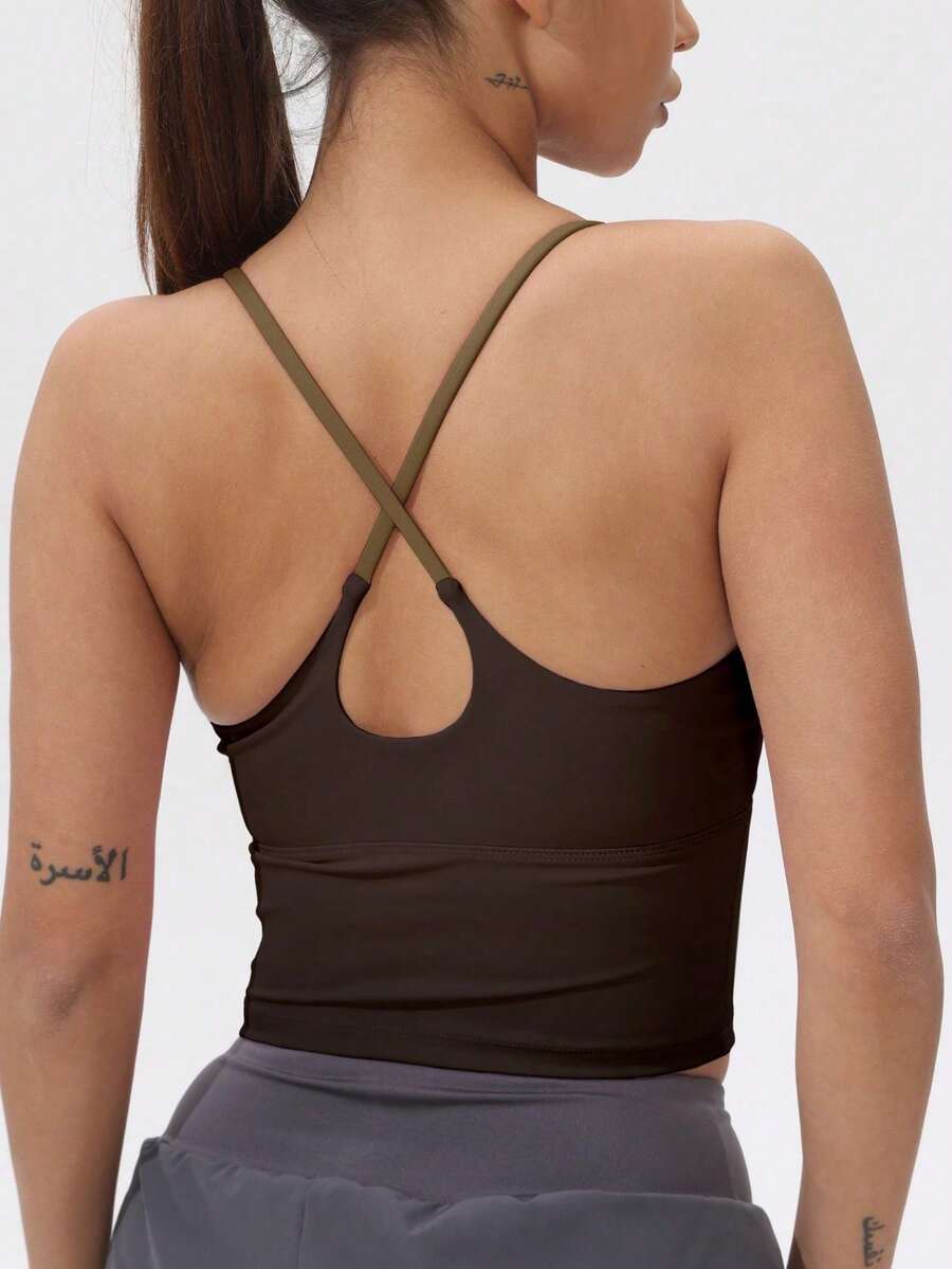 Women's Athletic T-Shirt With Fixed Padding, Color Contrast, Elastic, Summer Yoga Top - 咖啡 - 查看 1