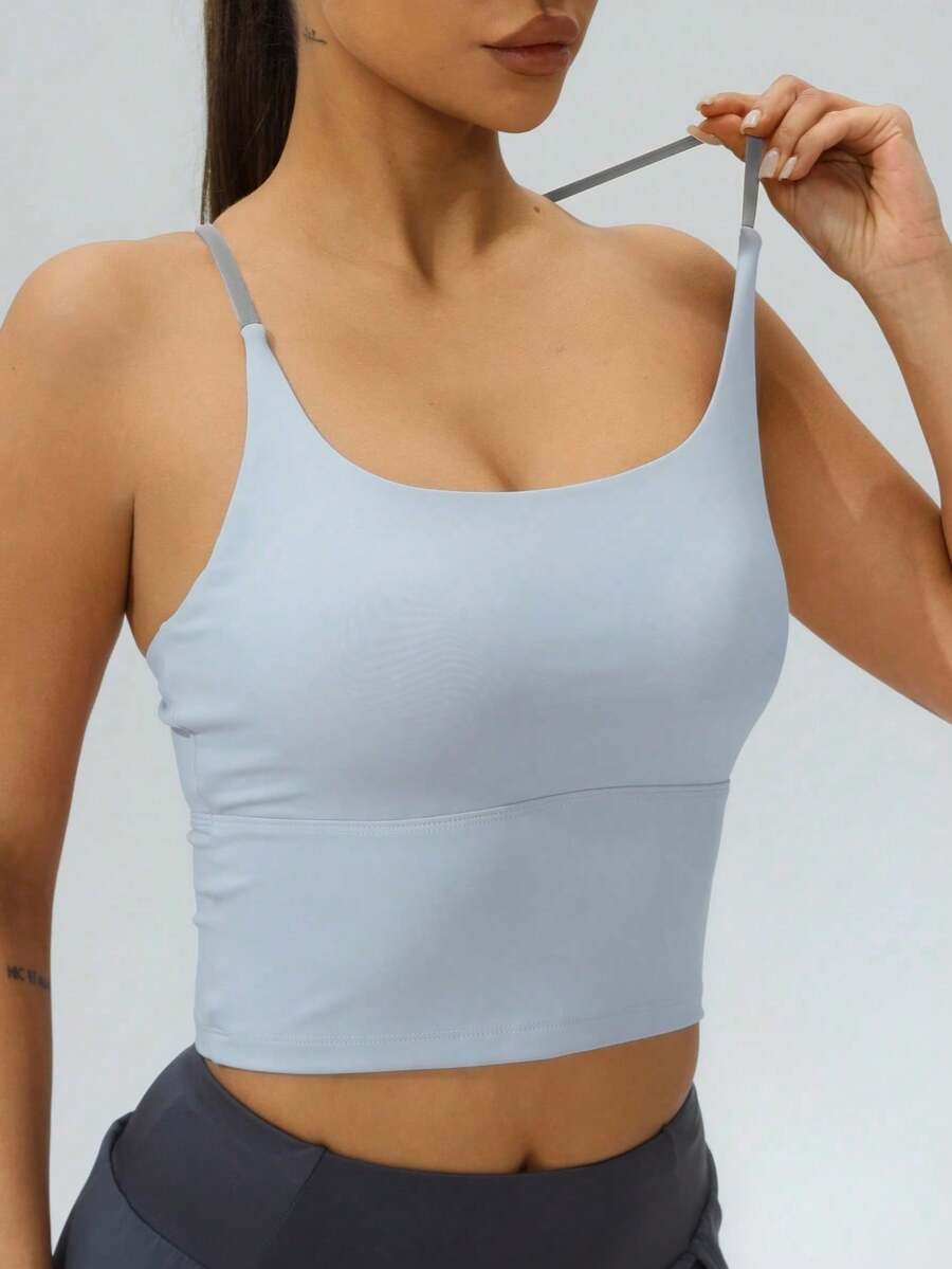 Women's Athletic T-Shirt With Fixed Padding, Color Contrast, Elastic, Summer Yoga Top - 冰融藍 - 查看 1