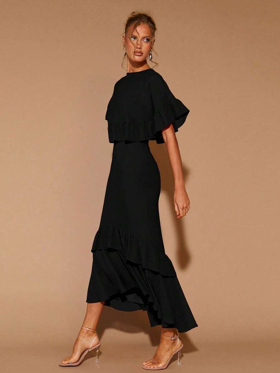 Vestido de manga larga con cuello redondo y volantes en el bajo, elegante para mujeres, adecuado para citas, fiestas y todas las estaciones - Negro - Ver 1