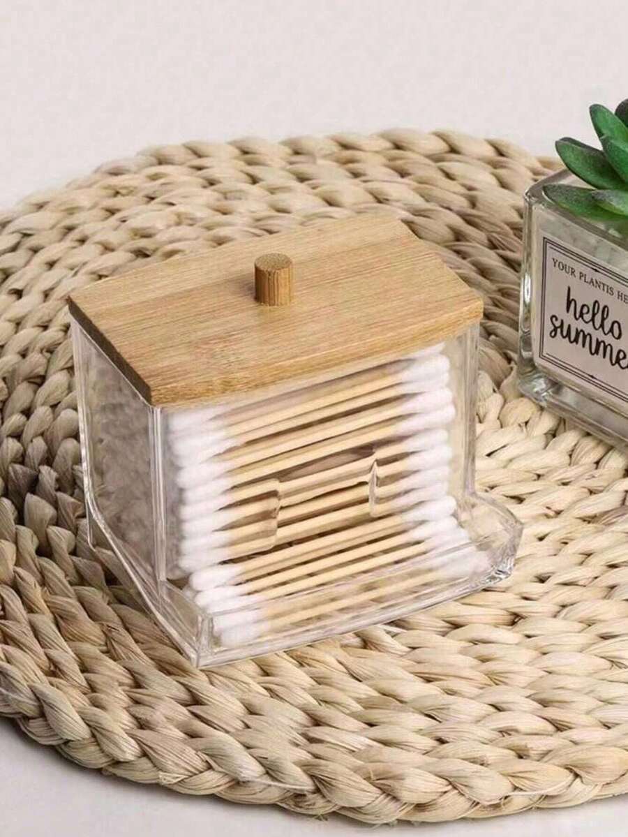 1pc Acrylic Cotton Swab Holder With Bamboo Lid, Transparent Small Cotton Swab Box, Plastic Ear Swab Box, Toothpick Storage Box, Bathroom Countertop Decorative Storage Box, Jewelry Box, Makeup Brush Holder, Makeup Brush Storage Box, Perfume Storage Box, Cosmetic Bag, Great Gift For Women, Christmas Gift,Room Decor
