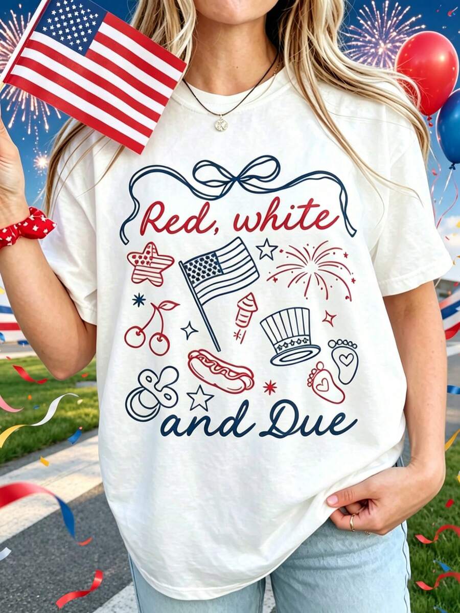 Soft Cotton T-Shirt For Women, Red White And Due Shirt, 4th Of July Pregnancy Reveal Shirt, Summer Pregnancy Announcement Tee, Expecting Mom To Be T-S - 白色2 - 查看 1