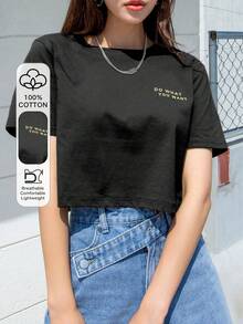 Unisex Summer Slogan Print Crop Top - Black - View 1