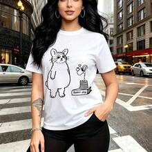 Camiseta de mujer con estampado de dos perritos tiernos en el centro - camiseta casual de manga corta, ajuste cómodo y estilo urbano ideal para caminar por la ciudad o salir con amigos - regalo perfecto para mamá, esposa, novia, hermana mayor y herma - Blanco - Ver 10
