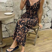 WNS  Vestido midi de cintura ceñida con estampado de leopardo para mujer, vestido largo de verano tipo sundress estilo Y2K - Café integral - Ver 7