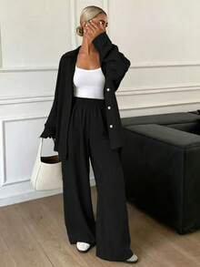 Women's Solid Color Loose Shirt And Wide Leg Pants 2 Pieces Set, Casual Chic, Suitable For Vacation, Daily Wear, Summer Black - Black - View 3