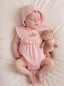 Set de 2 piezas Pelele bordado dulce para bebé niña con sombrero, conjunto de verano - Rosa Pálido - Ver 1
