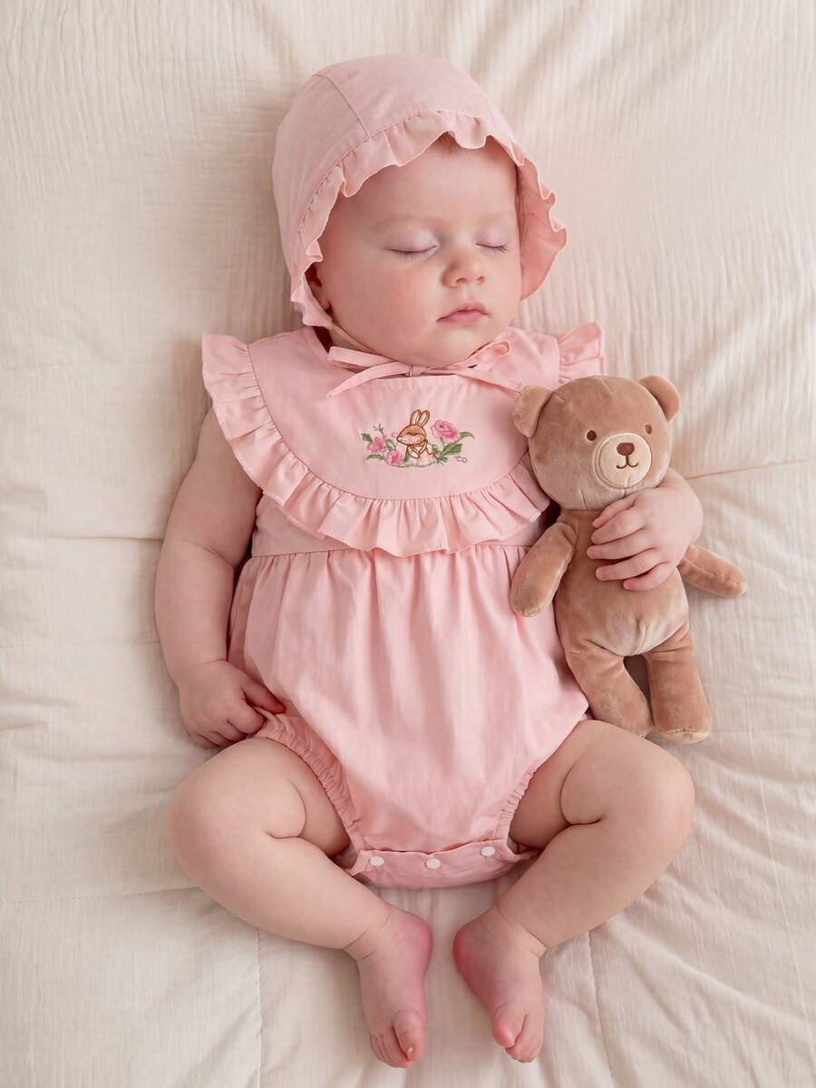 Set de 2 piezas Pelele bordado dulce para bebé niña con sombrero, conjunto de verano - Rosa Pálido - Ver 1