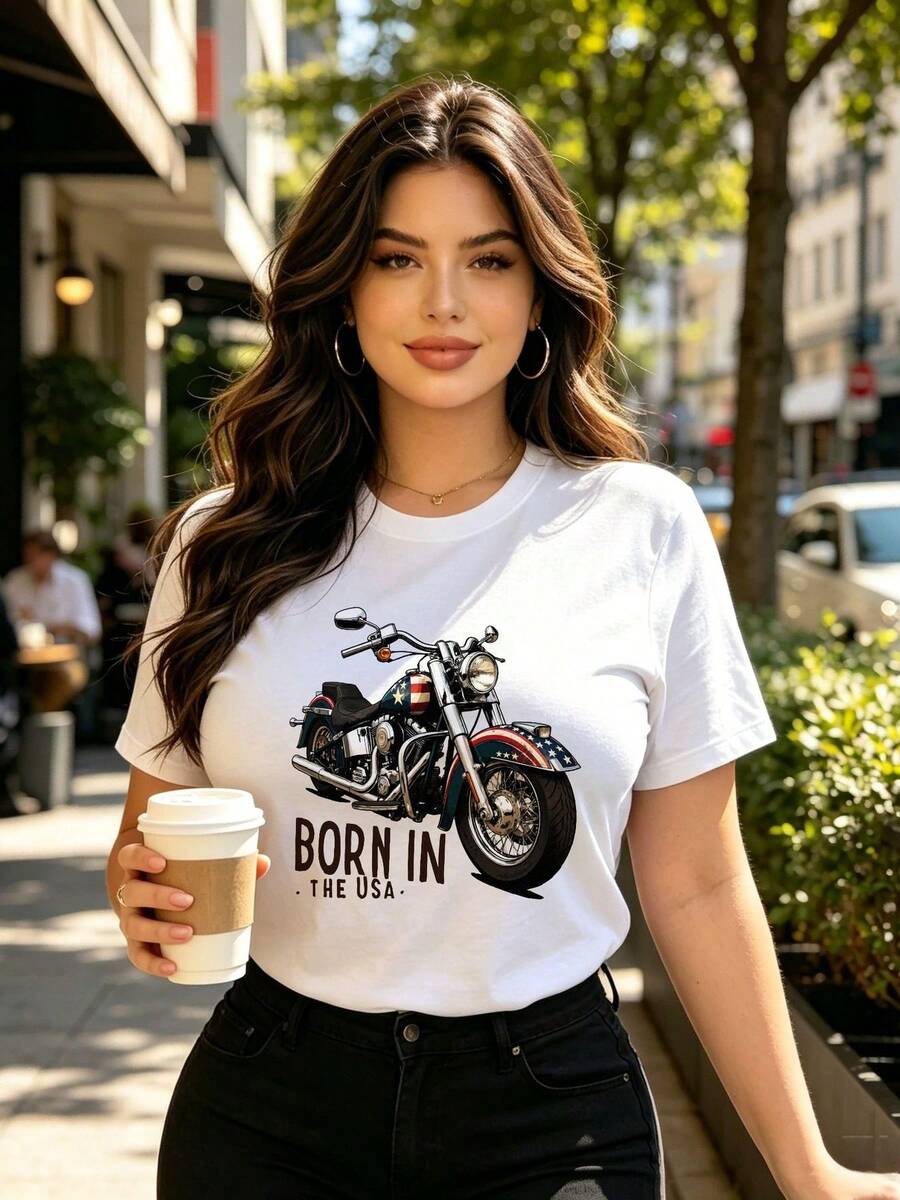 BORN IN THE USA Classic Cruiser Motorcycle Wall Art Poster - Vintage American Flag Motif With Engine Detail, Teal Rear Fender Pinstriping, Retro Biker Decor For Garage Man Cave Living Room Home Office Gift - 白色 - 查看 1
