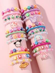 SANRIO 4件/組 三麗鷗可愛貓咪狗咪吊墜心形串珠手鍊手環飾品，適合節日派對、學校、生日禮物、女孩佩戴，彩色珠子隨機 - 彩色 - 查看 1