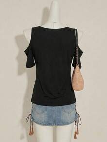 1 chiếc áo thun nữ mùa hè thời trang trễ vai cổ chữ V tay ngắn, phong cách retro Y2K, phù hợp cho dạo phố, công sở, trường học, mặc thường ngày, hẹn hò, tụ tập, tiệc tùng và các dịp khác - màu đen - Xem 2