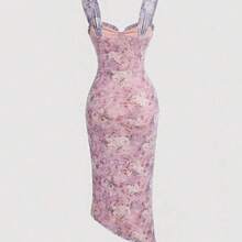 WNS  MOD Vestido con estampado floral, plisado y dobladillo asimétrico con abertura, vestidos en tonos pastel para mujer - Rojo y negro01 - Ver 3