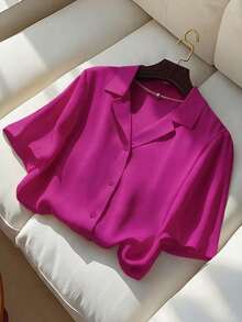 Nueva blusa de mujer de manga corta y cuello en V adelgazante, para primavera/otoño - Rosa Fucsia - Ver 1