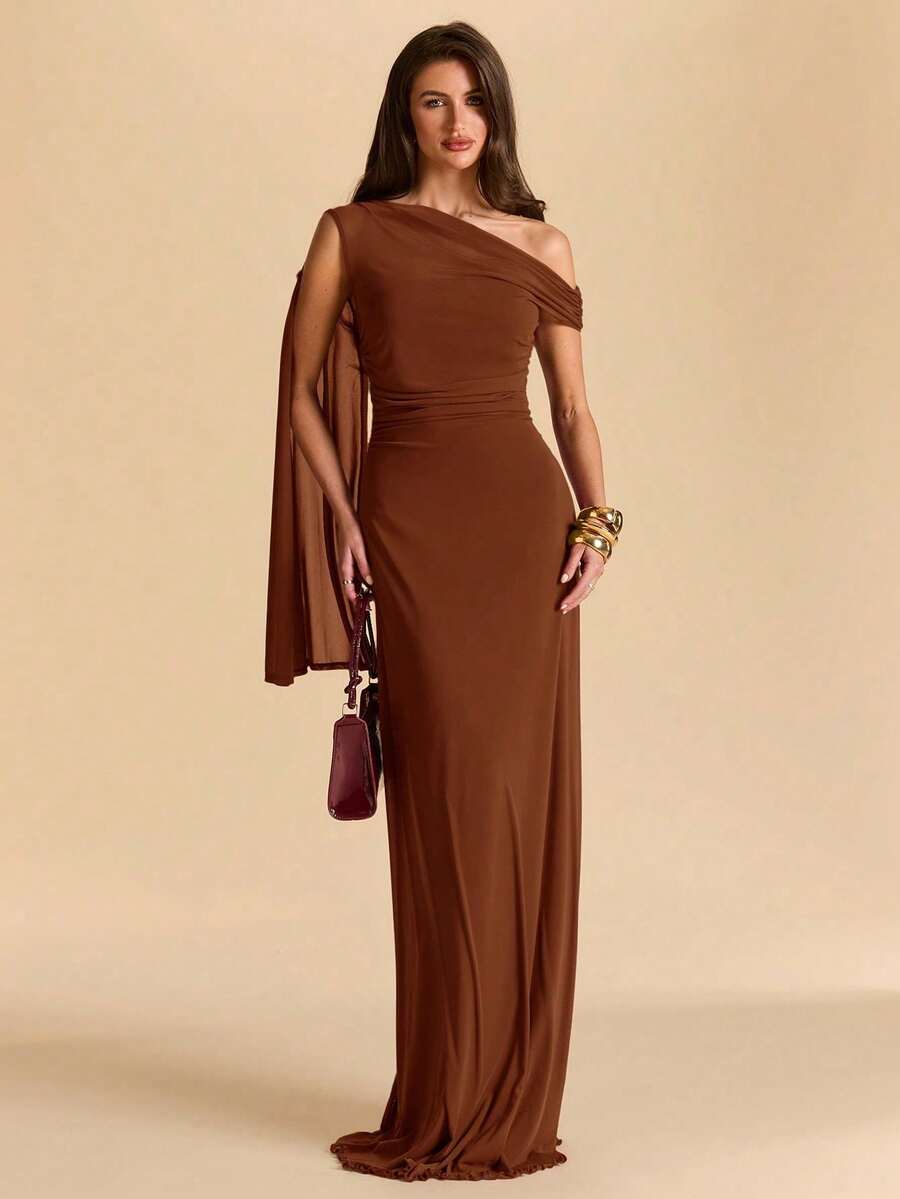 Vestido de sirena ajustado con hombro asimétrico y drapeado asimétrico en color morado berenjena rosa, vestido de malla para vacaciones y playa - Óxido marrón - Ver 1