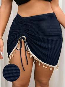Falda de verano para mujer de talla grande con cordón, fruncido, estampado de estrella de mar y concha, flecos, unicolor, tela de textura especial y bajo con abertura - Azul marino - Ver 1
