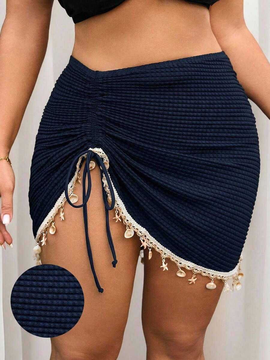 Falda de verano para mujer de talla grande con cordón, fruncido, estampado de estrella de mar y concha, flecos, unicolor, tela de textura especial y bajo con abertura - Azul marino - Ver 1