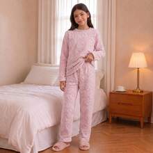 Baby Plush Teddy Pajamas For Winter, Cold Weather, Closed With Heart Design - Coral Pink - View 2