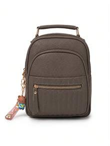 Bolsa Mochila Feminina Pequena Mini Couro PU Premium Luxo Casual Blogueira Reforçada C/Chaveiro W3018 - Café - Visão 1