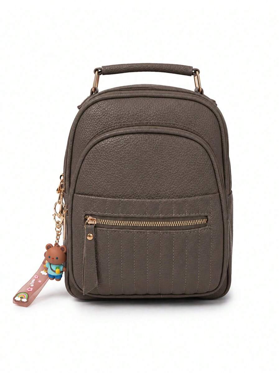 Bolsa Mochila Feminina Pequena Mini Couro PU Premium Luxo Casual Blogueira Reforçada C/Chaveiro W3018 - Café - Visão 1