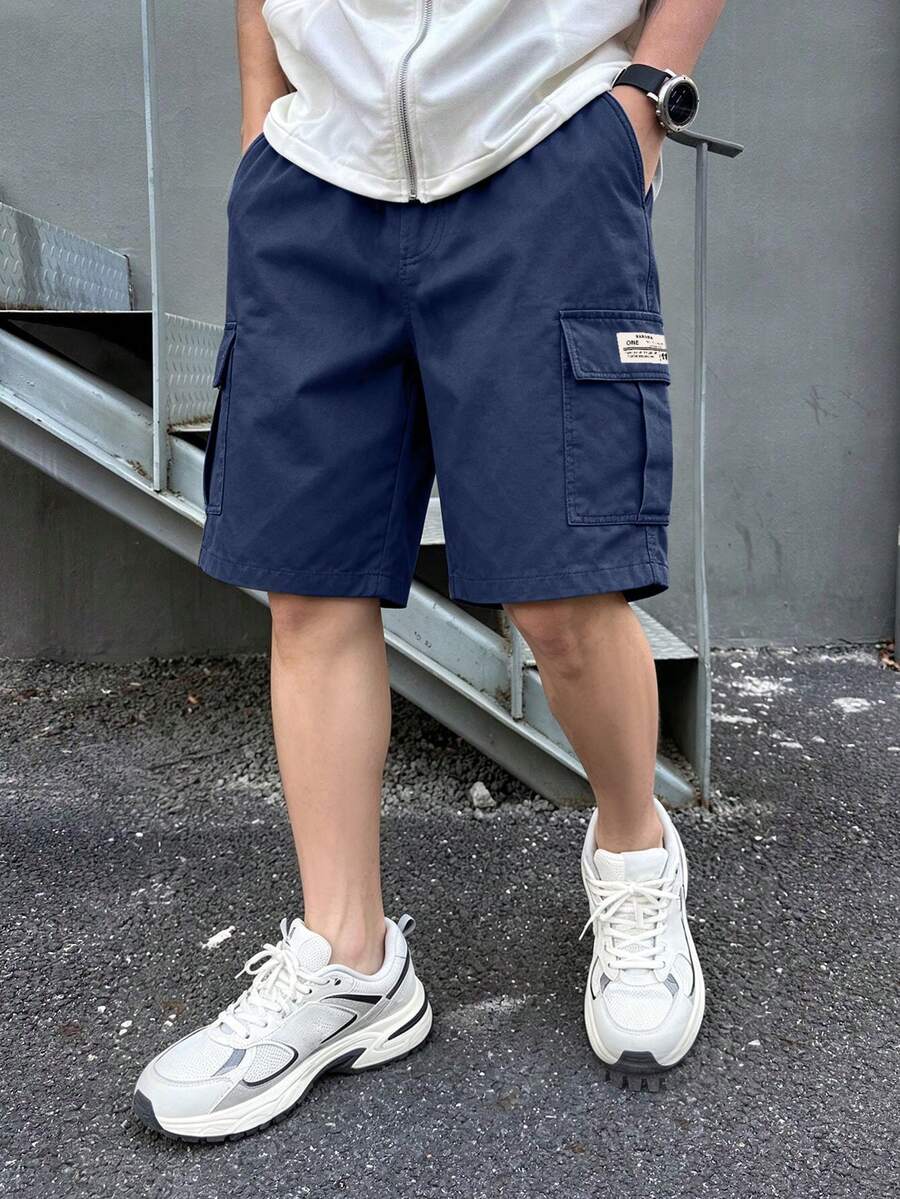 1pc Tween Boys Casual Summer Sports Outdoor Pocket Fashion Minimalist Cargo Shorts, Spring/Autumn - Blue - View 1
