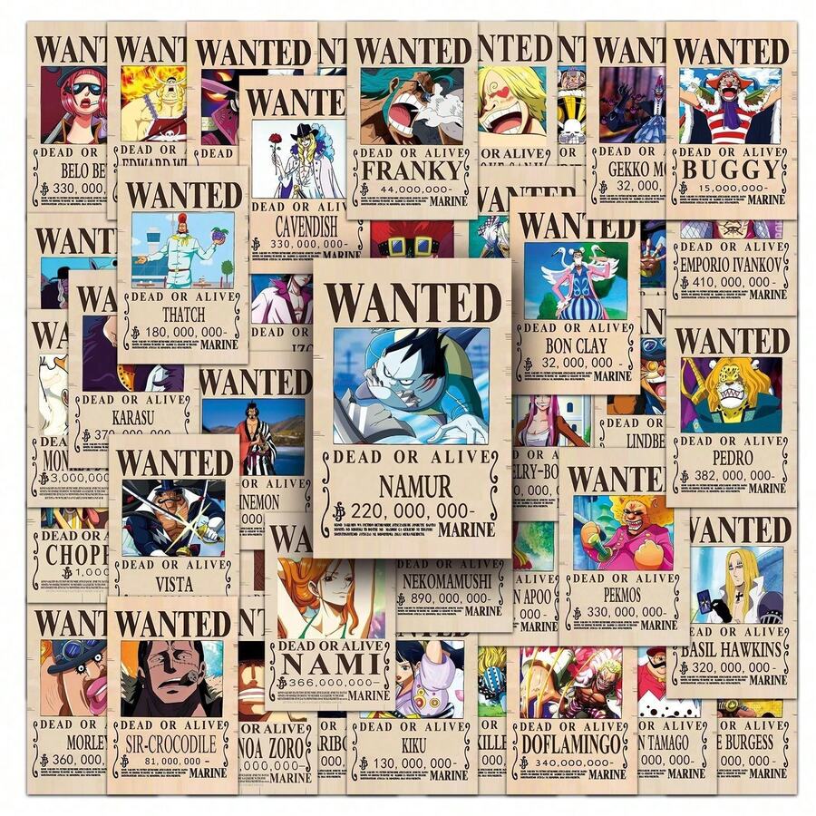 50pcs MINISO One Piece Wanted Poster Stickers, High Gloss Cartoon Decorative, Y2K Anime Aesthetic Stickers, Suitable For Notebooks, Journals, Backpacks, Laptops, Suitcases, Etc., Colorful Pirate Crew Art Patterns - Orange - View 1
