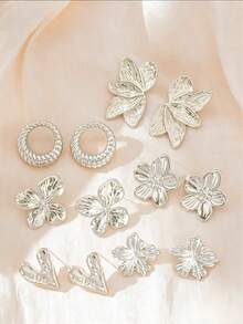 Set Anting-Anting Bunga, Hati, dan Lingkaran Perak 2/12pcs, Anting-Anting Minimalis Elegan Serbaguna Cocok untuk Berbagai Acara - Perak - View 2