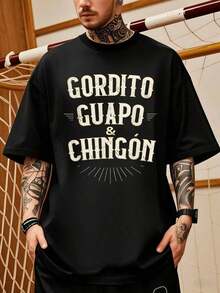 tida que celebra confianza en uno mismo con palabras Gordito Guapo y Chingón transmitiendo orgullo y carisma en tipografía vintage llamativa camiseta de hombre algodón cómoda para uso diario - Negro - Ver 1