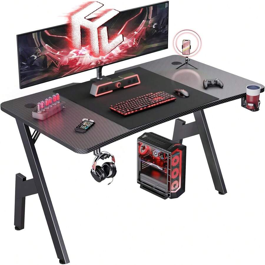 47 Inch Gaming Desk, Large Computer Gaming Desk Table With Management, Ergonomic Carbon Fiber Gamer Table Pc Work Home Office Desks With Cup Holder & Headphone Hook & Mouse Pad, Black - 47 - INCH - View 1
