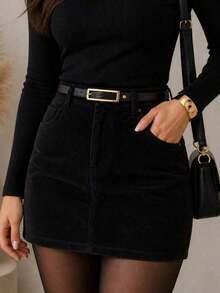Elegant Women's Corduroy High-Waisted Skirt - 黑色 - 查看 2