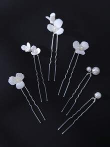 6pcs Handmade Soft Clay Flower & Golden Leaf Faux Pearl Hair Clips, Versatile Casual Fashion Bridal Headpiece - Silver - View 3