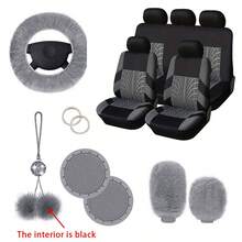 Full Set Women's Universal Car Front And Rear Seat Covers, Fluffy Steering Wheel Cover, Wool Handbrake And Gear Shift Cover, Hanging Accessory Bracket Ring Badge Sticker - Embossing - View 24