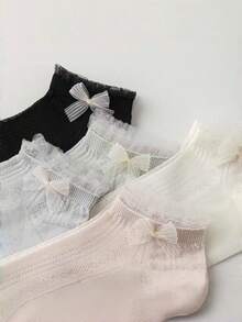 4 đôi tất ngắn phong cách ballet ngẫu nhiên, điểm nhấn nơ mỏng, xuân/hè - Nhiều màu - Xem 3