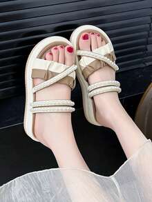 Nuevas sandalias reversibles para mujer, pantuflas con suela blanda y cómoda, zapatos con decoración de perlas y contraste de color - Caqui blanco - Ver 4