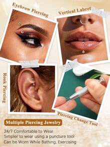 Eyebrow Piercing Jewelry Set Stainless Steel Curved Barbell Kit With CZ, Spike & Ball Replacement Ends,Rook Daith Lip Rings For Women Men - Silver - View 6