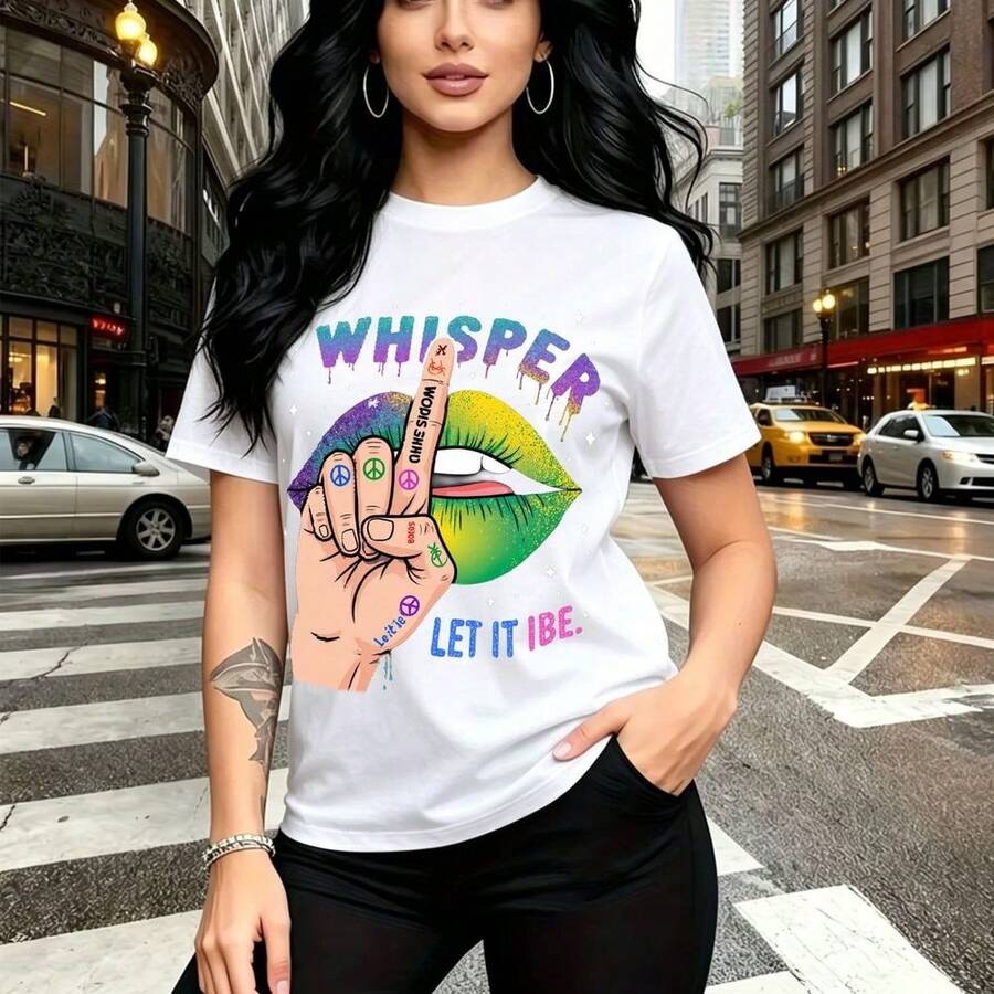 Camiseta de mujer con estampado gráfico de chica urbana con tatuaje y letras arcoíris que dicen "WHISPER LET IT IBE" - diseño casual de manga corta con ajuste cómodo y estilo moderno, ideal para paseos por la ciudad o reuniones informales - regalo pe - Blanco - Ver 1