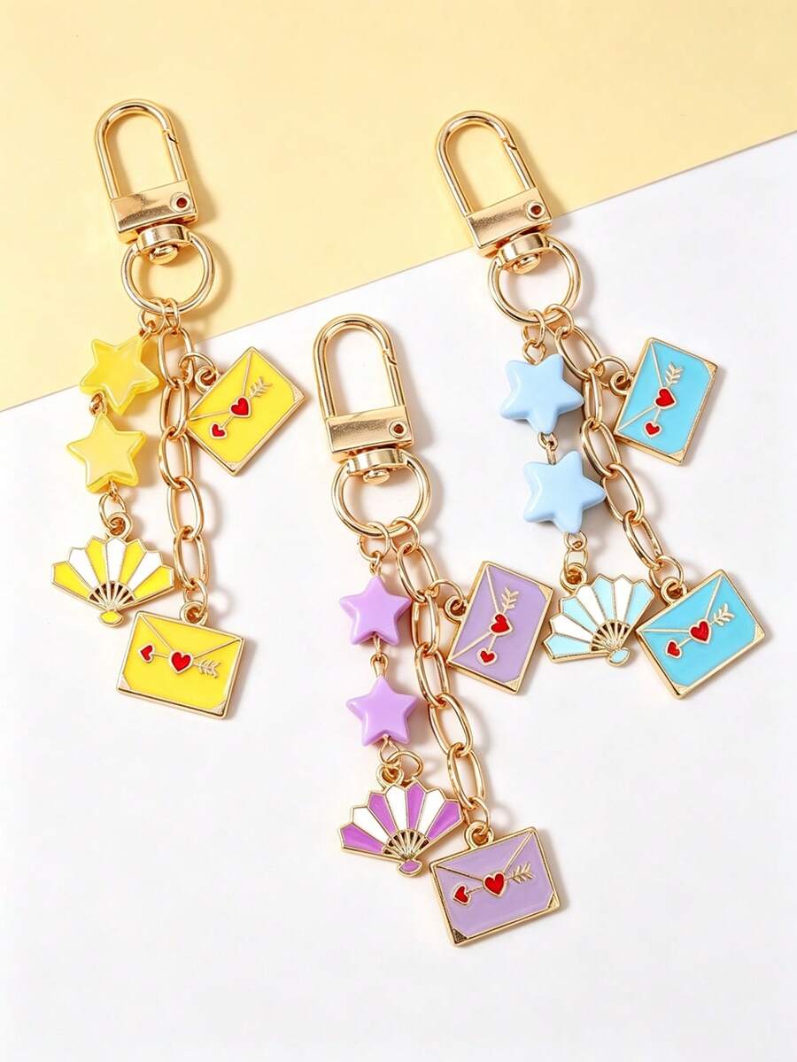 1pc Star Shaped Hand Fan Keychain, Star Envelope Keychain, Bag Charm - Multicolor - View 1