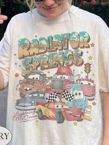 Officially Licensed Disney Retro Disney Cars T-Shirts,  Lightning McQueen T-Shirts, Trailer Mike T-Shirts, Springs Town T-Shirts, Disney Family Travel T-Shirts, Disney Theme Park T-Shirts, 100% Pure Cotton High-Quality T-Shirts, Fit Well, Unisex, Perfect Gift, Free Shipping. - Màu be - Xem 1