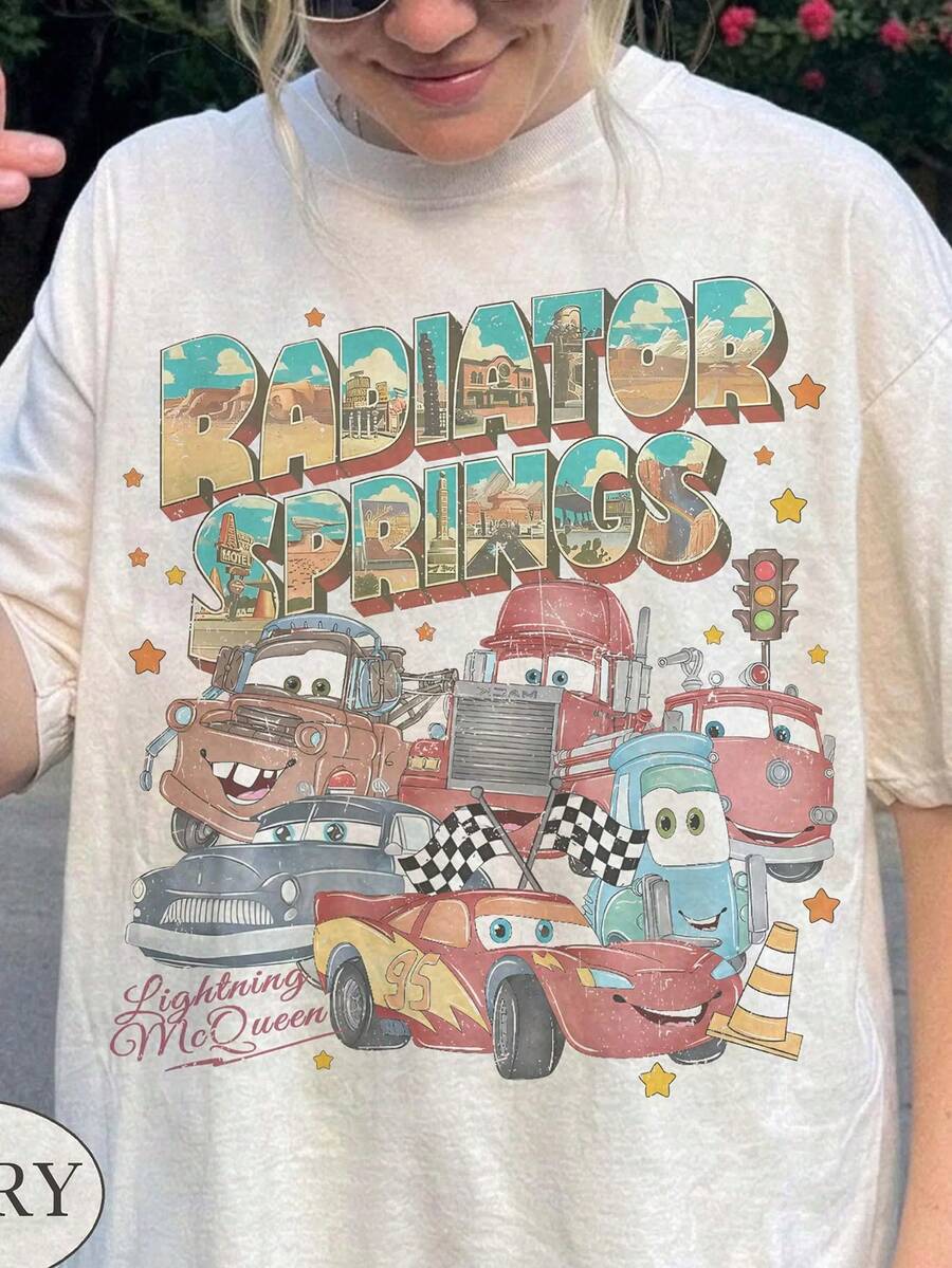 Officially Licensed Disney Retro Disney Cars T-Shirts,  Lightning McQueen T-Shirts, Trailer Mike T-Shirts, Springs Town T-Shirts, Disney Family Travel T-Shirts, Disney Theme Park T-Shirts, 100% Pure Cotton High-Quality T-Shirts, Fit Well, Unisex, Perfect Gift, Free Shipping. - Màu be - Xem 1