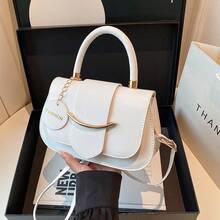 Bolso de cuero genuino para mujer, elegante bolso de mano y de hombro para oficina, citas y fiestas. Diseño único, color sólido, versátil, personalizado, bolso cuadrado pequeño y sencillo para mujer, con un toque de alta gama, adecuado para ir al trabajo y de compras, bolso cruzado. - Blanco - Ver 2