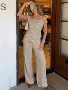 Conjunto de 2 piezas de verano para mujer, top asimétrico a hombros descubiertos y rayas con pantalones relajados, conjunto para ir a trabajar - Marrón - Ver 1